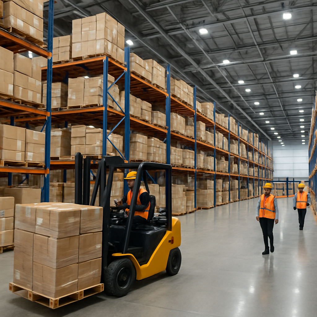 Enju Trading logistics warehouse in Guangzhou with organized shelving and palletized cargo
